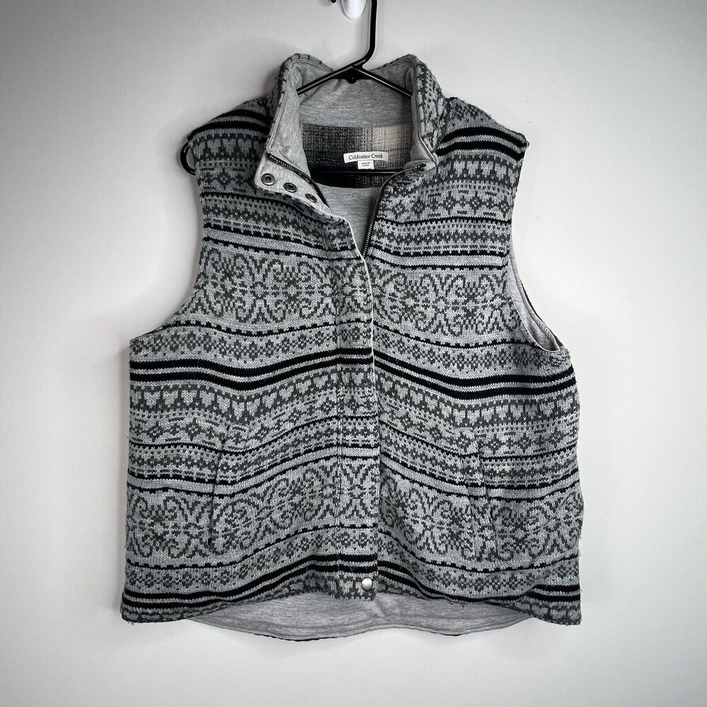 Coldwater Creek Womens Large Fair Isle Sweater Vest Full Zip Gray Wool Blend